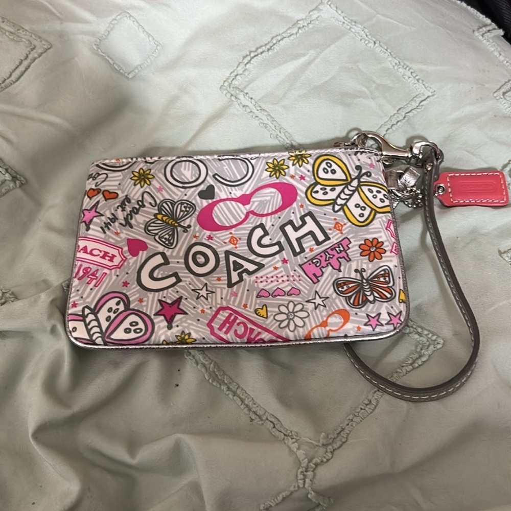 Coach Pink and White Graffiti Wristlet